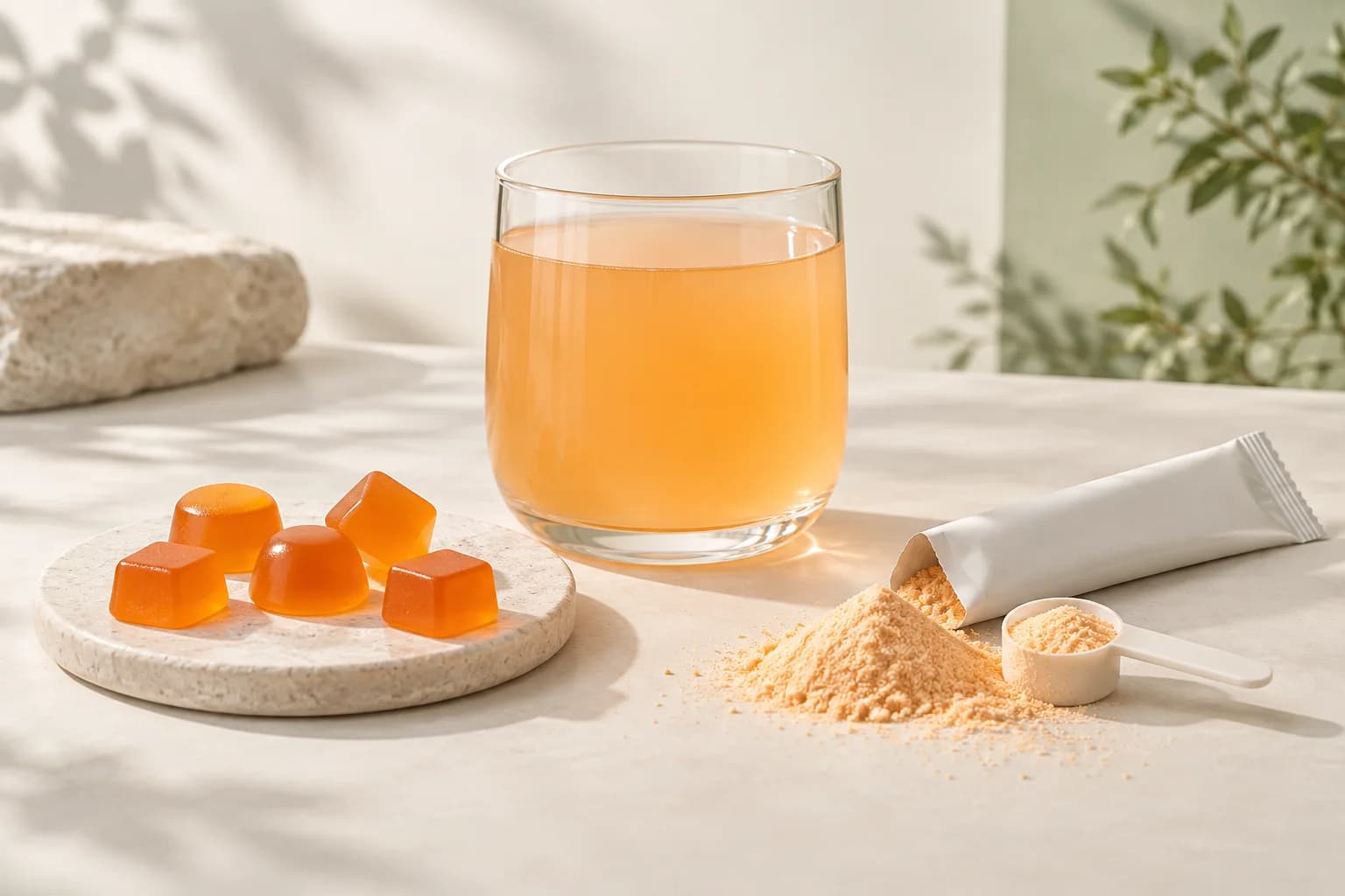 Illustrative functional beverage, orange gummies and powdered drink mix