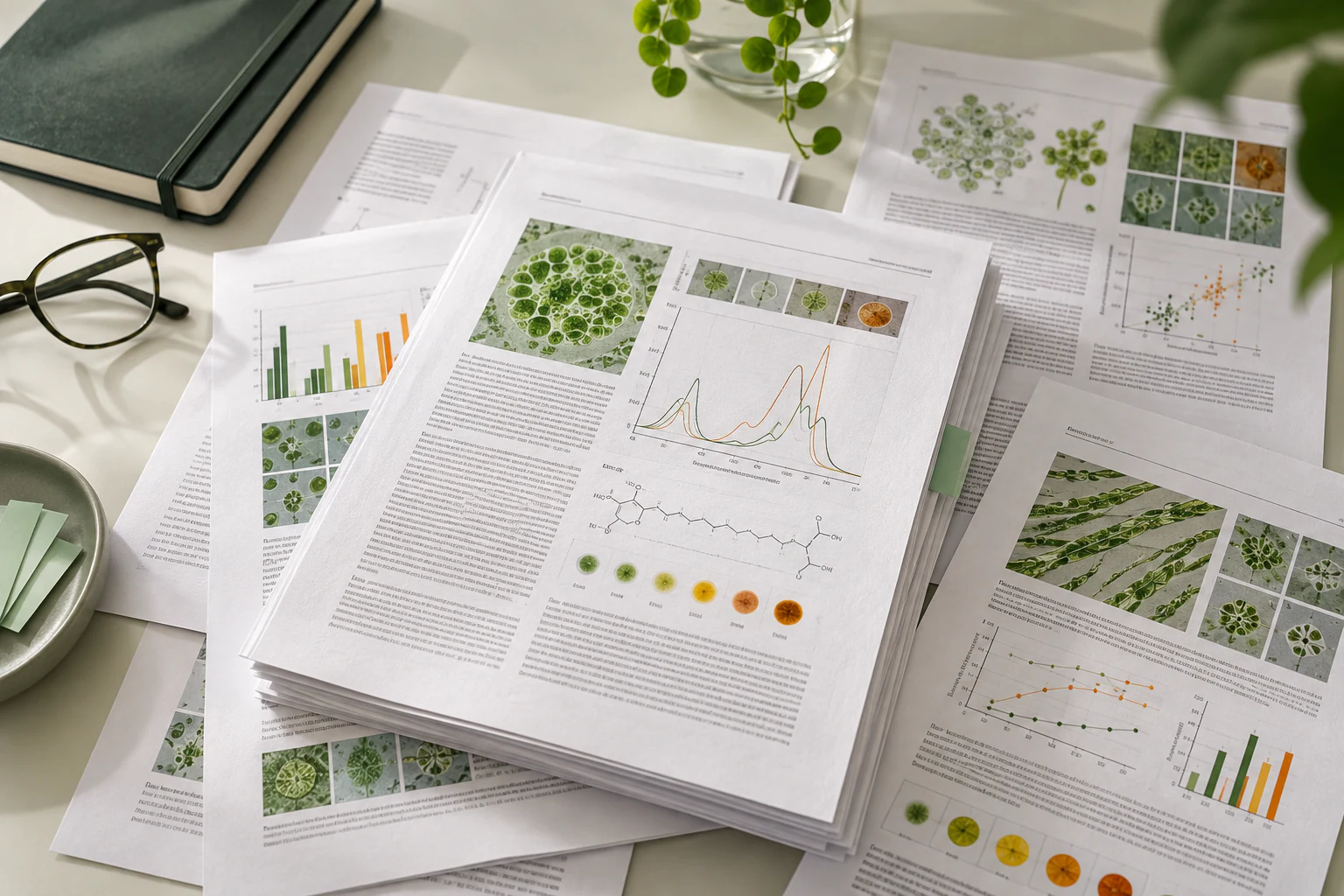 A curated stack of scientific papers with microalgae imagery, charts and molecular diagrams
